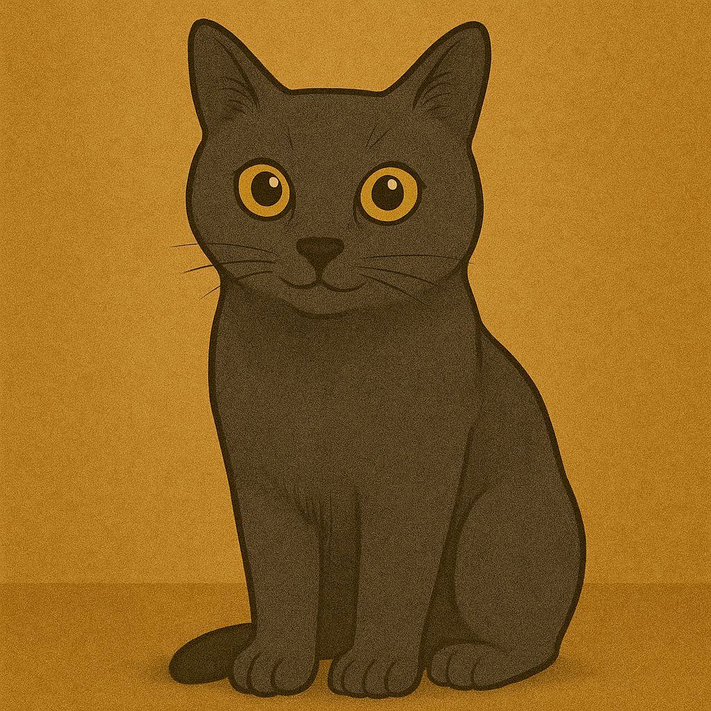 Illustration einer sitzenden, grau gezeichneten Katze im Vintage-Comic-Stil. Die Katze blickt mit großen, goldgelben Augen direkt nach vorn. Sie sitzt aufrecht mit geschlossenen Vorderpfoten auf einem warmen, ockerfarbenen Untergrund. Der Hintergrund ist ebenfalls in einem warmen, leicht texturierten Ockerton gehalten und vermittelt eine gemütliche, ruhige Atmosphäre. Die Katze wirkt erwachsen, schlank und freundlich – ein stilisiertes, aber liebevoll detailliertes Porträt.