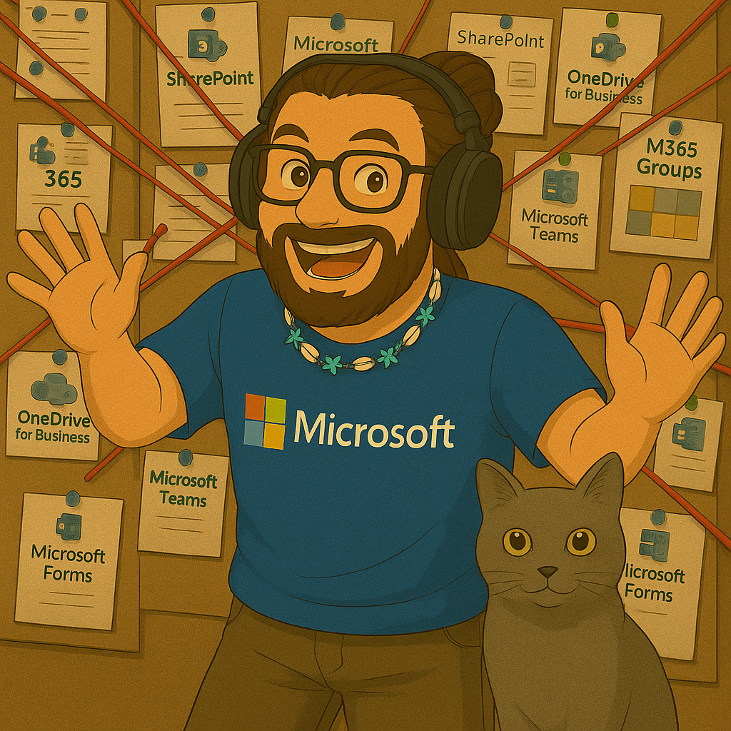Ein digital gezeichnetes Porträt im Comic-Stil zeigt einen fröhlichen Mann mit langen, zum Zopf gebundenen braunen Haaren, Vollbart und schwarzer Brille. Er trägt große Over-Ear-Kopfhörer, ein blaues Microsoft-T-Shirt mit buntem Logo und eine auffällige Surferkette mit weißen Muscheln und türkisen Seesternen. Mit ausgestreckten Armen steht er vor einer Pinnwand im Stil eines „Investigation Boards“, auf dem Zettel mit Begriffen aus der Microsoft-365-Welt wie „SharePoint“, „Teams“, „OneDrive“ und „PowerAutomate“ angepinnt sind – verbunden durch rote Fäden. Rechts neben ihm sitzt eine russisch-blaue Katze mit grün-gelben Augen, die aufmerksam in die Kamera blickt. Die Szene strahlt Begeisterung und nerdige Freude aus.